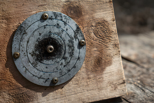 After practicing in the range, I was able to see a used round steel shooting target on a wooden block stand with fresh and old bullet marks
