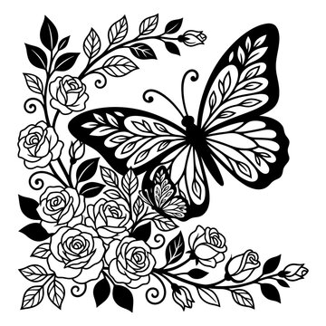 Butterfly with floral branch silhouette design