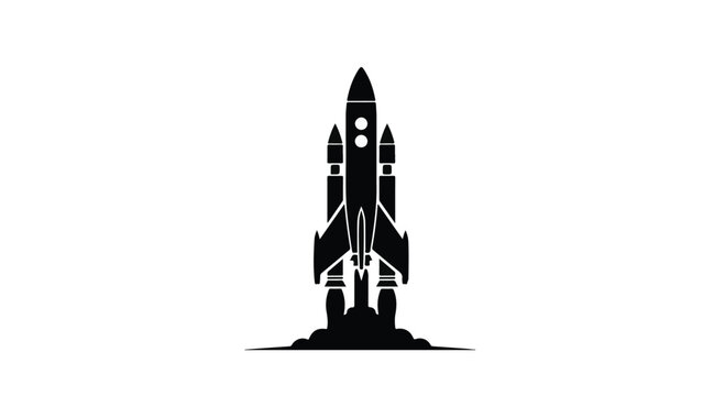 Rocket ship launches into space with powerful exhaust plumes trailing behind the main engine assembly.