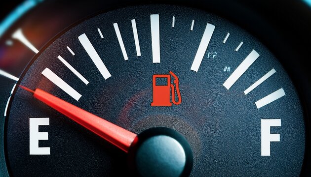 car fuel gauge showing empty tank red needle pointing to low gasoline level in dashboard concept of rising oil price and expensive transportation cost energy crisis and inflation
