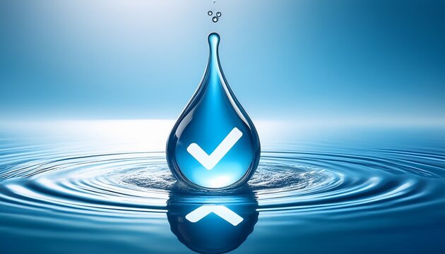 clear blue water drop with white checkmark symbol sits on water surface with ripples small droplets splash around clean liquid symbolizes pure safe drink