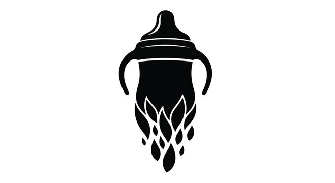 Baby bottle silhouette dissolves into liquid droplets to represent infant nutrition and the nurturing process of feeding.