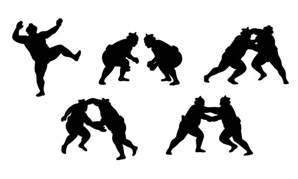 ​A collection of black silhouettes showing various traditional Japanese sumo wrestlers in different fighting stances and matches