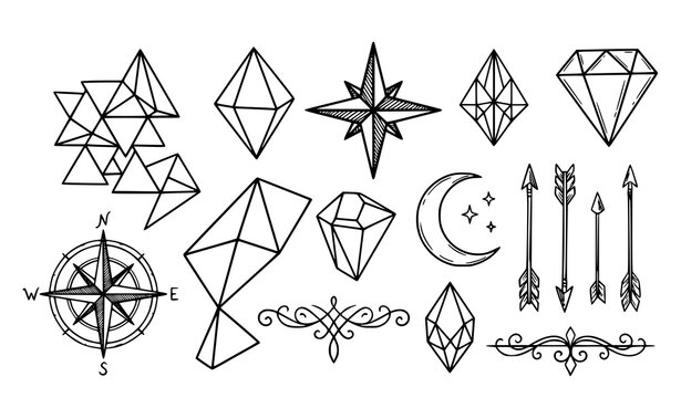Geometric line art collection crystals celestial elements and navigation symbols