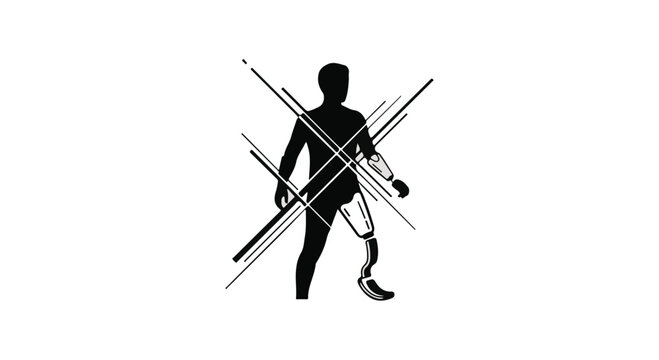 Black silhouette of a person with a prosthetic leg and arm, crossed by diagonal lines, representing medical innovation or disability awareness.
