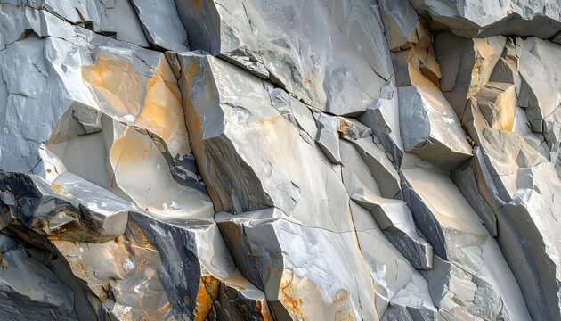 Columnar basalt formation, textured grey rock with mineral staining