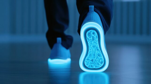 Close-up of person walking with illuminated glowing sole shoe on reflective floor in dim indoor environment at night time