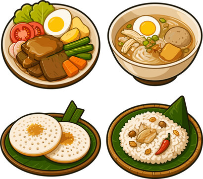 Pixel art food icons set, traditional Indonesian dishes like soto, nasi kuning, and serabi, vector illustration