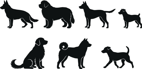 Obraz premium Dog breed silhouette collection featuring various poses and body types for pet design, logo, and animal illustration concepts