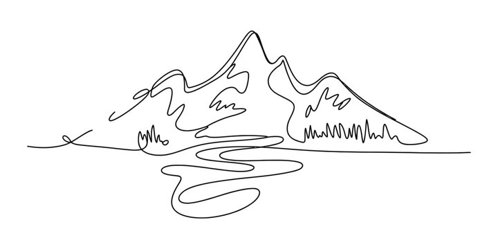 Continuous single line drawing of a mountain range with a winding river flowing through the landscape in a simple minimalist black and white style design