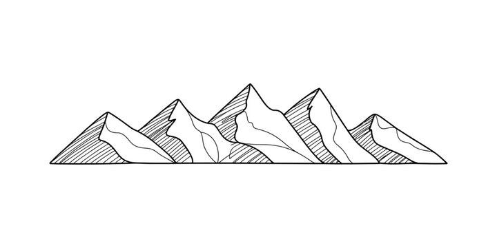 Simple hand drawn sketch of a mountain range with peaks and rocky textures isolated as a black and white line art illustration for graphic design projects
