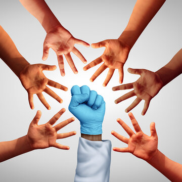 Access to healthcare concept with diverse hands reaching toward a doctor&rsquo;s hand symbolizing health equity inclusive medical care community support compassion diversity healthcare access patient care p