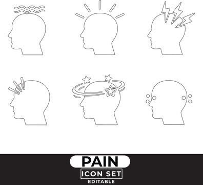 Set of head pain icons, headache symptoms, migraine, dizziness, and sinus pressure, thin line style, vector illustration