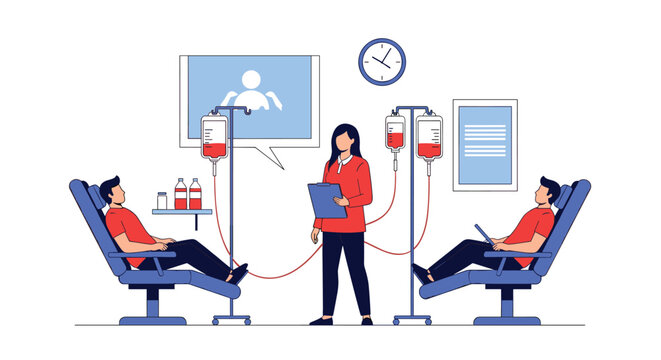 Flat medical illustration depicting two male patients in chairs receiving blood donations from intravenous bags with a nurse supervisor.