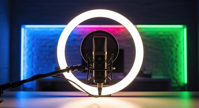 A professional microphone positioned in front of a glowing ring light within a modern workspace featuring vibrant neon background glow, content creation, online, table
