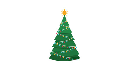 Obraz premium Minimalist illustration of a green Christmas tree adorned with colorful lights and a golden star on top, symbolizing holiday cheer.