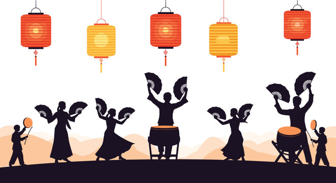Group of silhouettes celebrates with fans and traditional drums under a row of glowing red and orange lanterns.