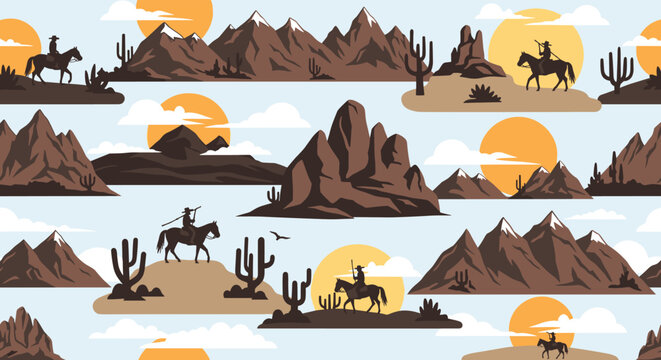 Wild west landscape features cowboys riding horses across desert plains under sunset with mountains, saguaro cactus, and puffy clouds in sky.