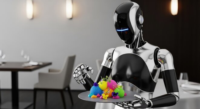 A sleek humanoid robot presents a masterpiece of molecular gastronomy in a high-end setting, blending advanced technology with luxury dining, molecular gastronomy, mechanical, cyborg
