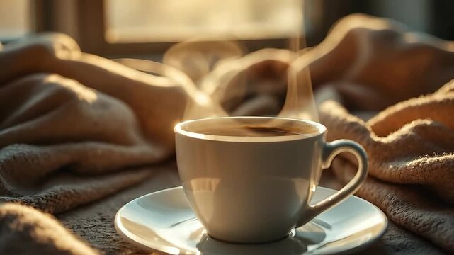 A warm cup of coffee with steam rising, set against a cozy background.