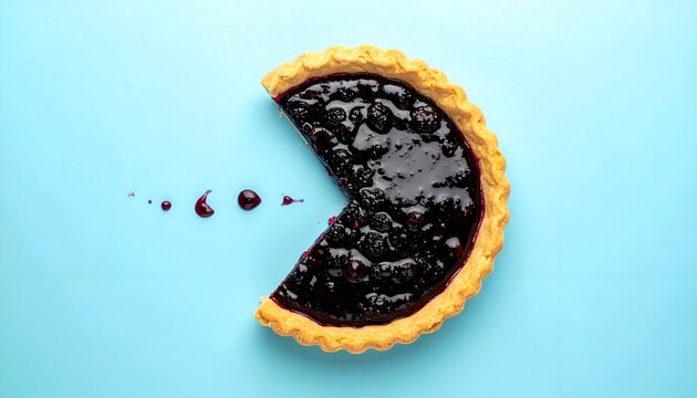 Blueberry pie with slice missing on bright blue background