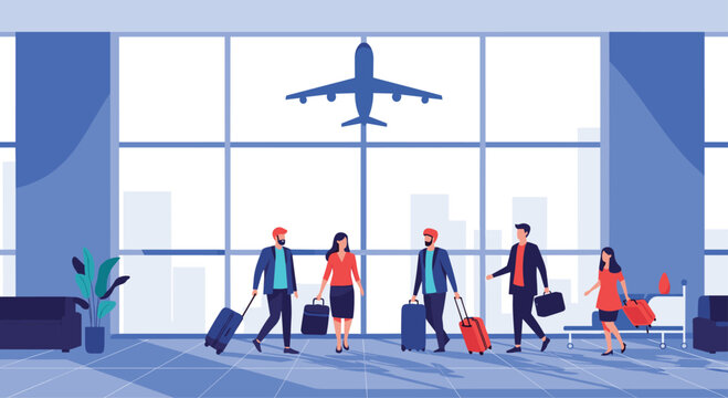 Travelers walking with suitcases in a modern airport terminal featuring large windows and a silhouetted airplane in the background.