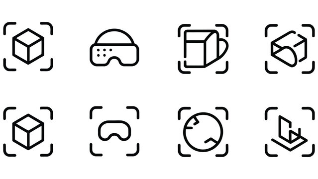 Black and white line icons of virtual reality and 3D objects on white background