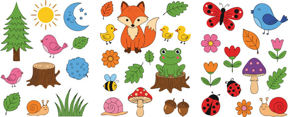 Cute forest animal and nature vector illustration set featuring fox birds butterflies flowers insects and woodland elements © Yevhenii creative