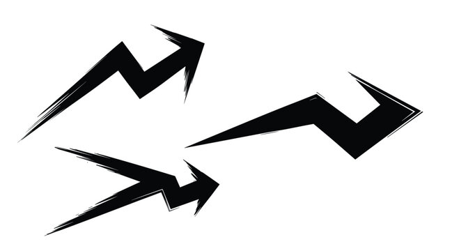 Trio of sharp and jagged black arrows with a distressed texture point in various directions to suggest energy, speed, or dynamic growth trends.