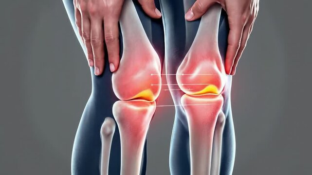 Close-up of a human knee with visible bones and inflamed joint.