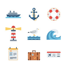The image is a set of nine flat icons related to travel and nautical themes, including a ship, anchor, lighthouse, seagull, wave, and luggage. © Rayi