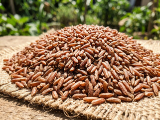 Obraz premium Close-up texture of a pile of unpolished red rice grains on burlap
