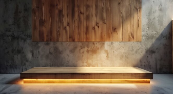The wooden exhibition product display stage, illuminated by light and shadow