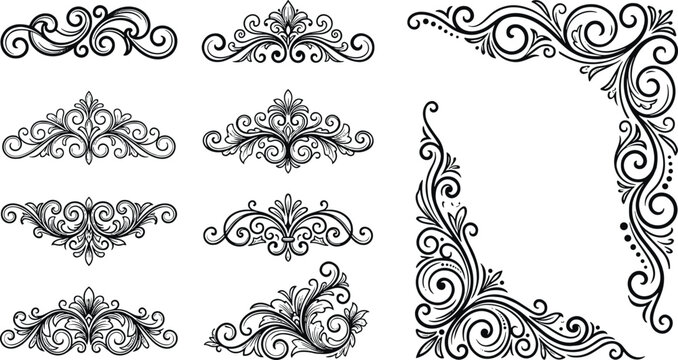 Vintage calligraphic divider and corner frame element set with black elegant filigree scrolls isolated on white background