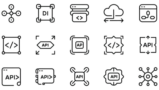Black line icons for API application programming interface and web development concepts on white background