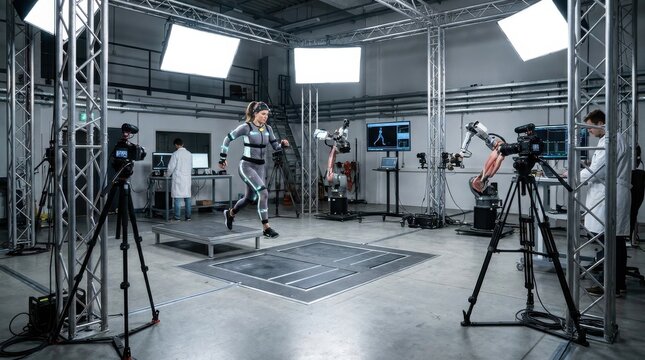 Woman in motion capture suit runs in advanced biomechanics testing facility with robotic arms and computer analysis