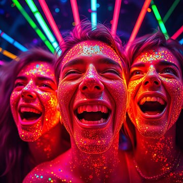 Symphony of saturation, a kaleidoscope of ecstatic faces captured in granular, electrifying detail,  bands,  macro