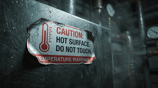 Cinematic close up of a peeling hot surface caution sticker on wet scratched metal with blurred industrial pipes in the background
