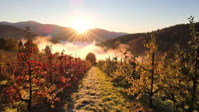 Sunrise over apple orchard in misty mountain valley during autumn