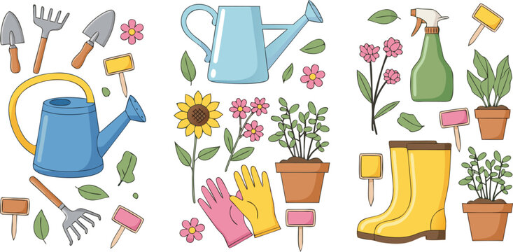 Cute gardening cartoon vector illustration set featuring watering cans flowers plants garden tools and spring gardening elements
