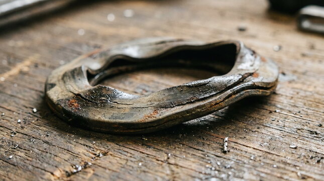 Close-up of a deformed rusty metal ring lying on a scratched wooden workbench with metal shavings