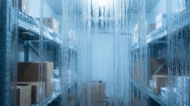 View through condensation covered plastic strip curtains into a commercial cold storage warehouse with cardboard boxes