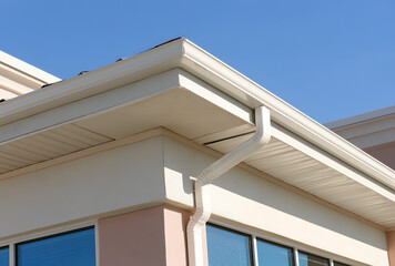 Fototapeta premium White rain gutters on the roof of a modern commercial building