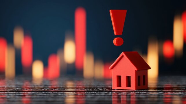 Small red model house with large red exclamation mark above on reflective surface with blurred financial graph indicating urgent housing market alert concept