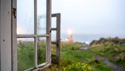Coastal view through a rain-streaked window to a path & distant lighthouse © Tiara