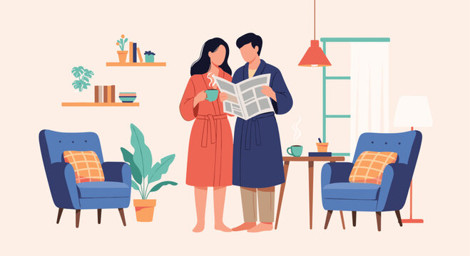 Young couple wearing bathrobes relaxing in their living room while reading a newspaper and enjoying morning coffee.