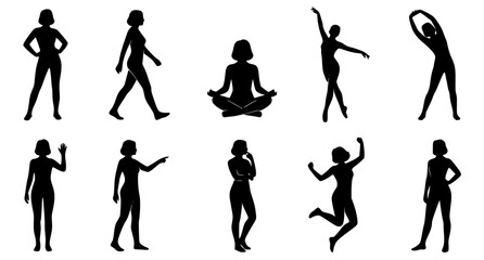 Female Silhouette Icon Set Featuring Diverse Poses Including Standing, Walking, Yoga Meditation, Dancing, Stretching, and Jumping for Fashion Design, Lifestyle Graphics, and Health and Wellness Illust © MSTROTNA