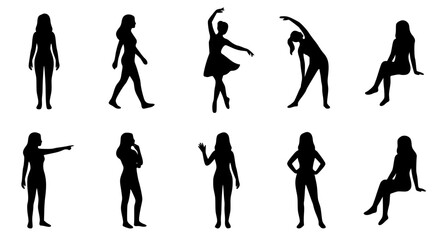 Female Silhouette Icon Set Featuring Diverse Poses Including Standing, Walking, Dancing, Stretching, and Sitting for Fashion Design, Lifestyle Graphics, and Health and Wellness Illustrations © MSTROTNA