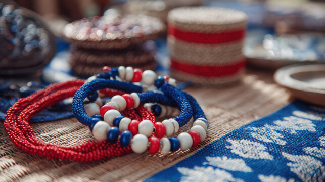 Vibrant red, white, and blue beaded bracelets on a woven surface