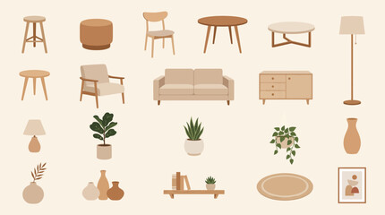 Collection of modern furniture and home decor items featuring chairs tables sofas lamps plants and vases in minimalist vector style © Firdaus